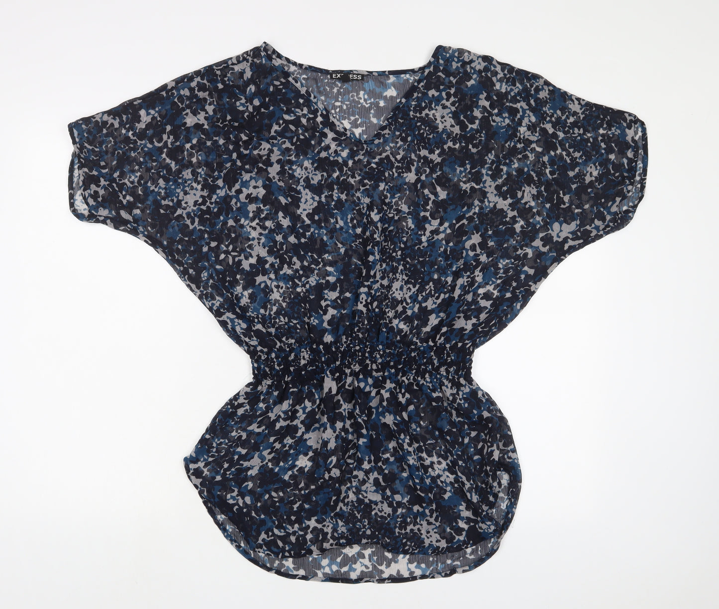 Express Womens Blue Geometric Polyester Tunic Blouse Size S V-Neck