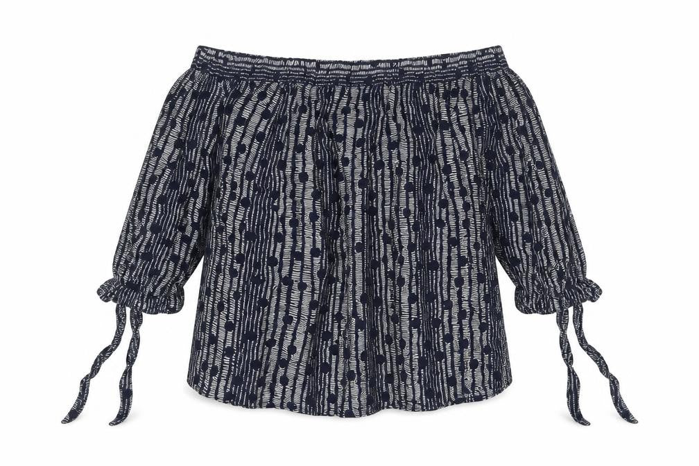Front view of Monsoon women’s blue geometric viscose basic blouse, size UK 16, boat neck