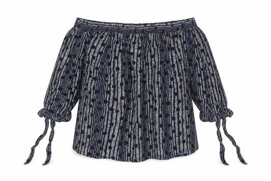 Front view of Monsoon women’s blue geometric viscose basic blouse, size UK 16, boat neck