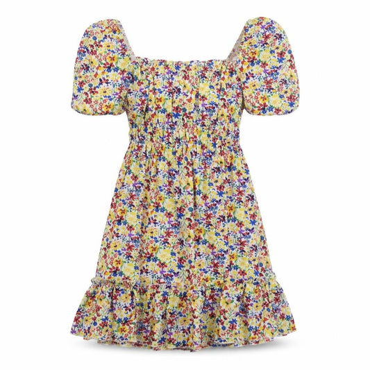 Front view of AX Paris women’s multicoloured floral polyester a-line, size UK 10, off the shoulder pullover