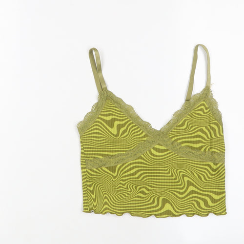 H&M Womens Green Geometric Polyester Cropped Tank Size S V-Neck - Lace