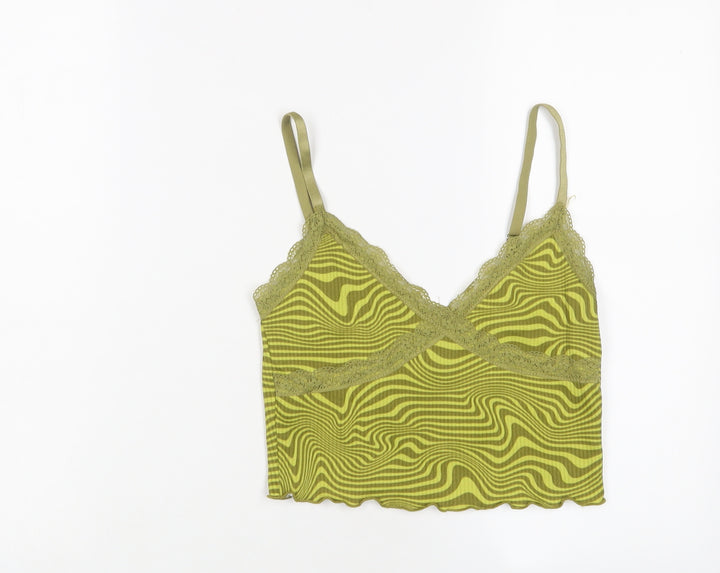 H&M Womens Green Geometric Polyester Cropped Tank Size S V-Neck - Lace