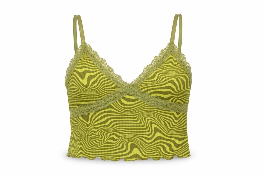 Front view of H&M women’s green geometric polyester cropped tank, size S, v-neck - lace