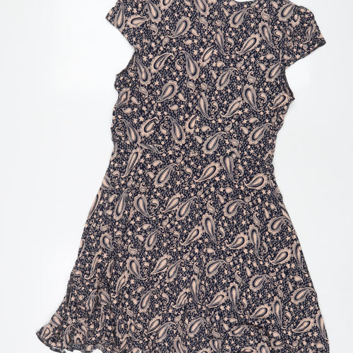 Izabel London Womens Blue Geometric Viscose A-Line Size 12 Crew Neck Zip