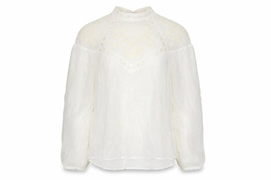 Front view of River Island women’s white viscose basic blouse, size UK 12, crew neck - lace, embroidered