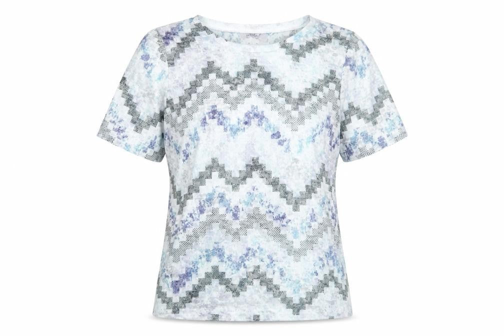 Front view of Anamor women’s blue geometric polyester basic t-shirt, size L, crew neck