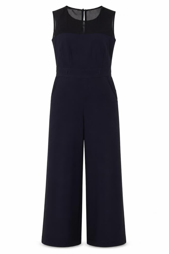 Front view of Next women’s blue polyester jumpsuit one-piece, size UK 8, 30-inch leg zip