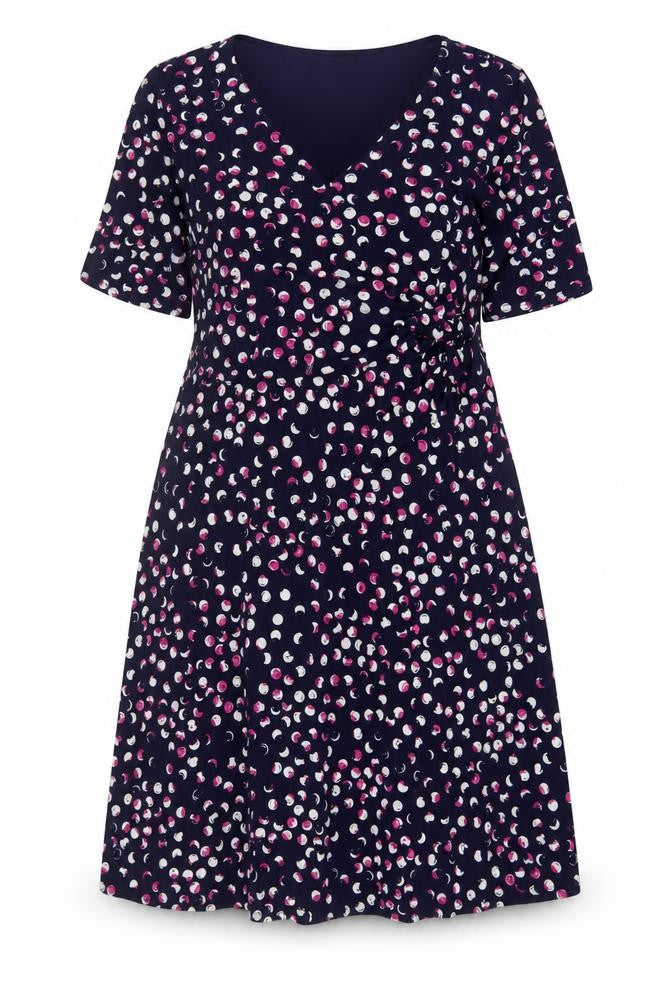 Front view of Kaleidoscope women’s purple geometric polyester a-line, size UK 14, v-neck pullover