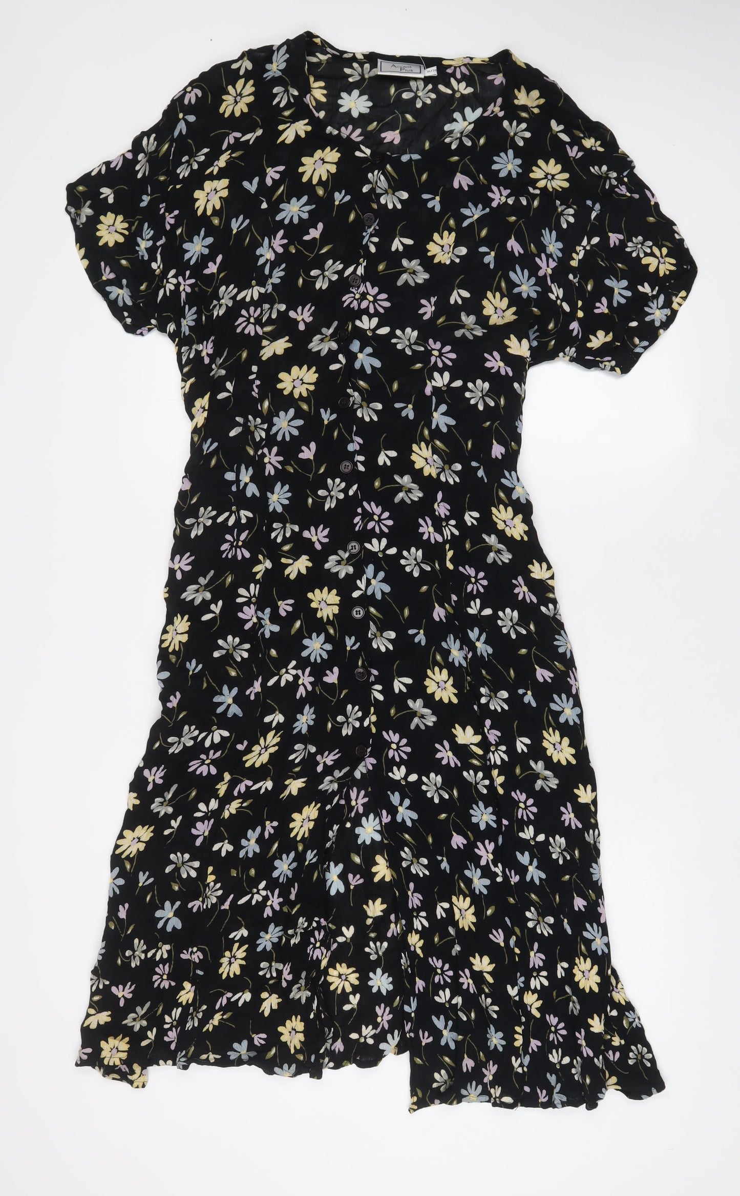 Accent Plus Womens Black Floral Viscose A-Line Size 18 Scoop Neck Button