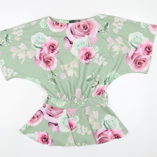 Quiz Womens Green Floral Polyester Basic Blouse Size 8 Boat Neck