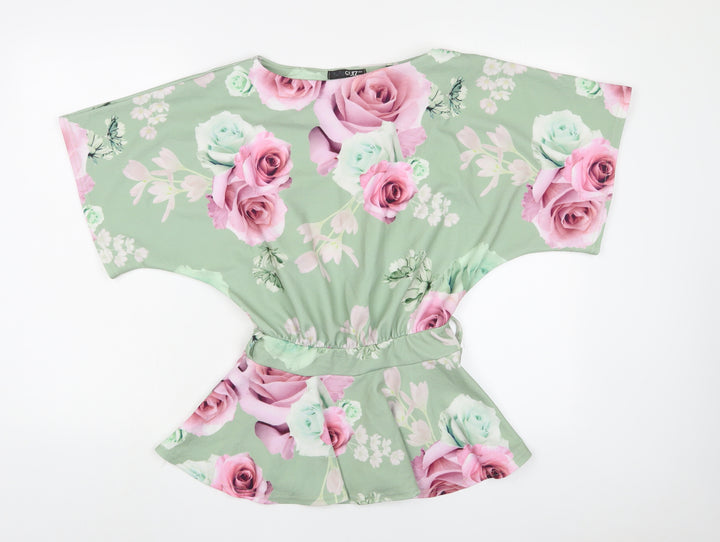 Quiz Womens Green Floral Polyester Basic Blouse Size 8 Boat Neck