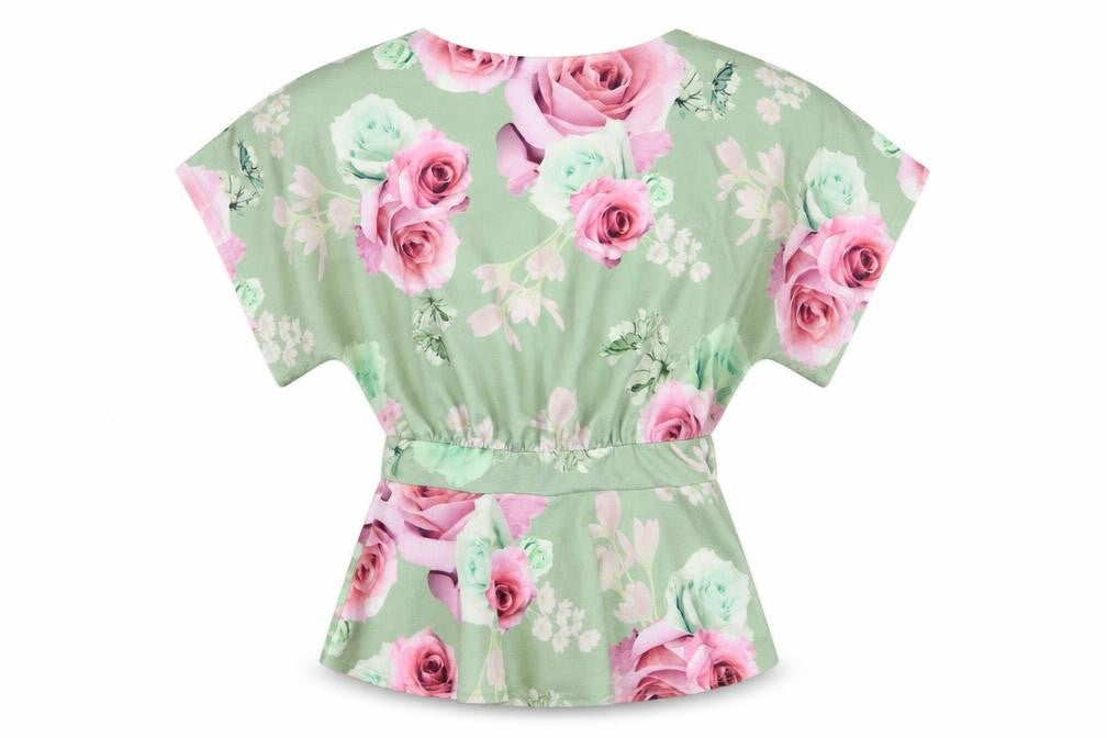 Front view of Quiz women’s green floral polyester basic blouse, size UK 8, boat neck