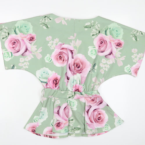 Quiz Womens Green Floral Polyester Basic Blouse Size 8 Boat Neck