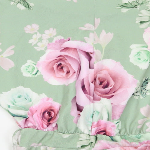Quiz Womens Green Floral Polyester Basic Blouse Size 8 Boat Neck