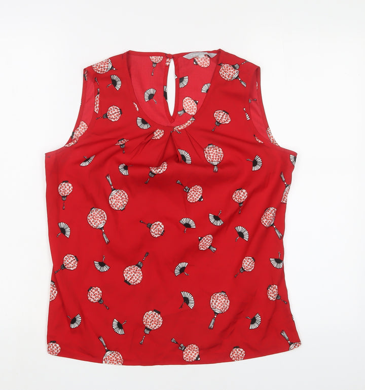 Red Herring Womens Red Geometric Polyester Basic Tank Size 10 Collared - Pleated