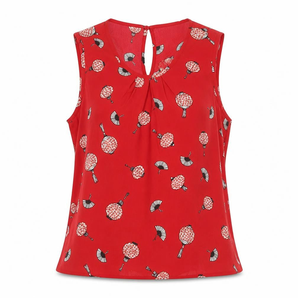 Red Herring Womens Red Geometric Polyester Basic Tank Size 10 Collared - Pleated