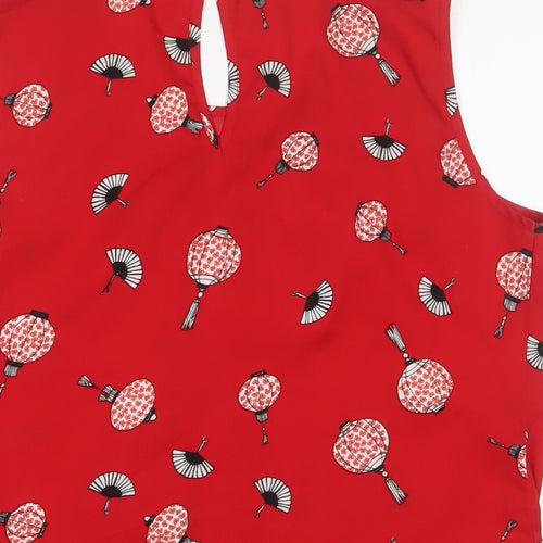 Red Herring Womens Red Geometric Polyester Basic Tank Size 10 Collared - Pleated