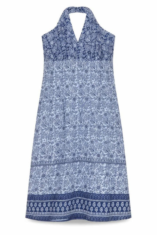 Front view of Marks & Spencer women’s blue geometric cotton a-line, size UK 12, halter tie