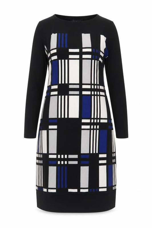 Front view of Marks & Spencer women’s blue geometric polyester a-line, size UK 12, boat neck pullover