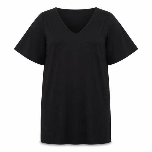 Front view of Boohoo women’s black polyester a-line, size UK 16, v-neck pullover