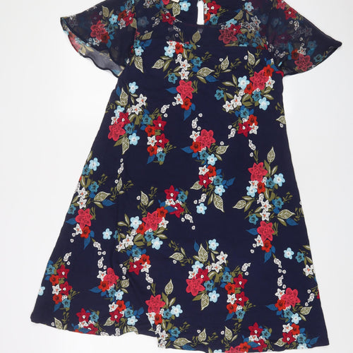 Monsoon Womens Blue Floral Viscose A-Line Size 10 Scoop Neck Button