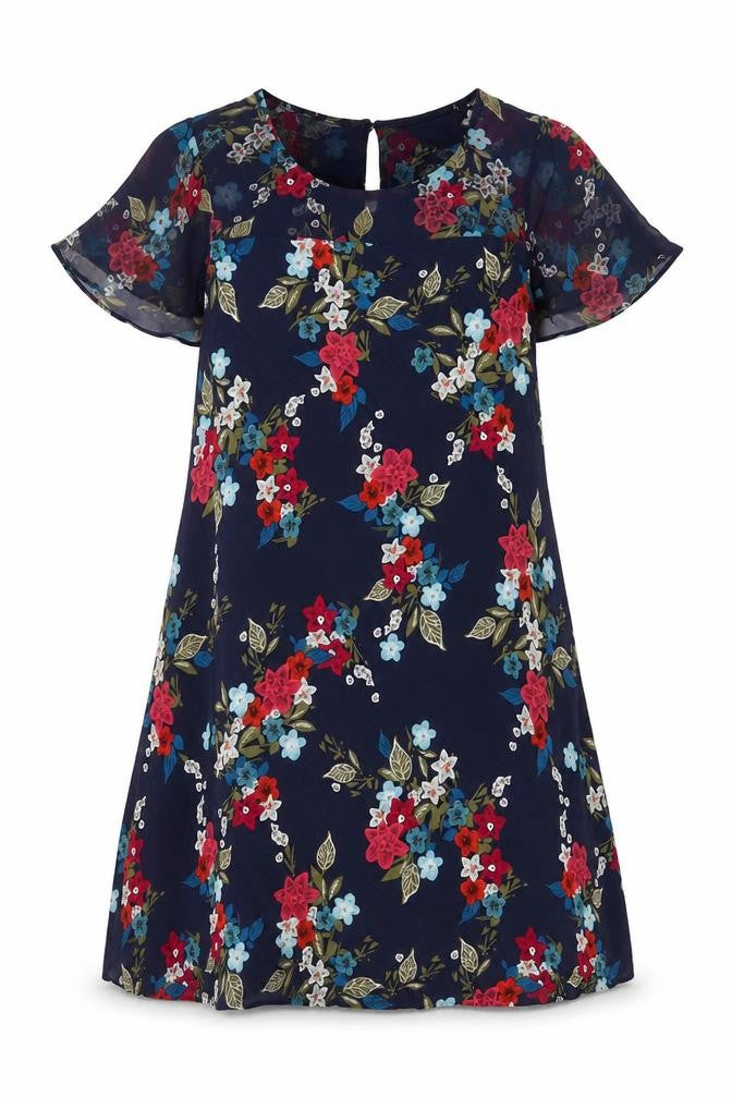 Front view of Monsoon women’s blue floral viscose a-line, size UK 10, scoop neck button