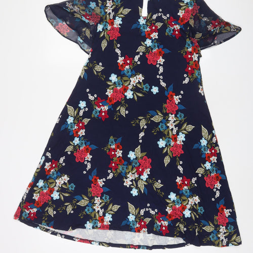 Monsoon Womens Blue Floral Viscose A-Line Size 10 Scoop Neck Button