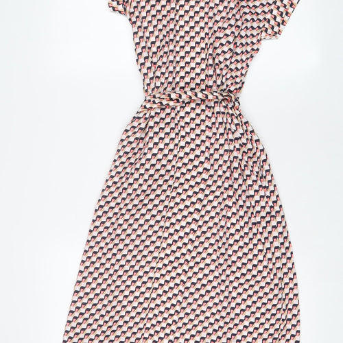 Marks and Spencer Womens Pink Geometric Polyester A-Line Size 6 V-Neck Pullover - Belted