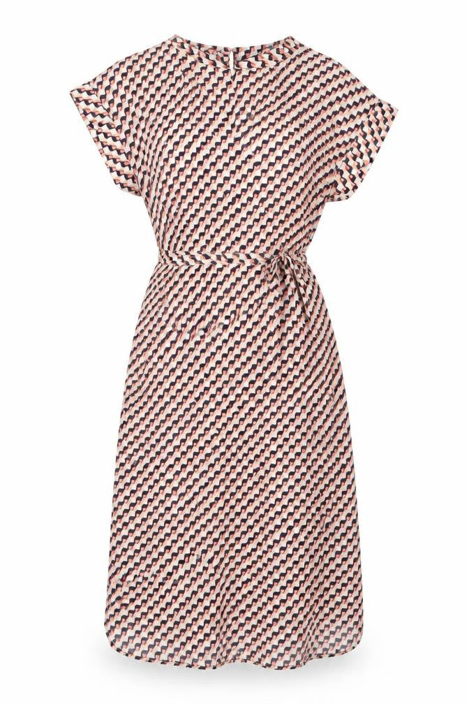 Front view of Marks & Spencer women’s pink geometric polyester a-line, size UK 6, v-neck pullover - belted