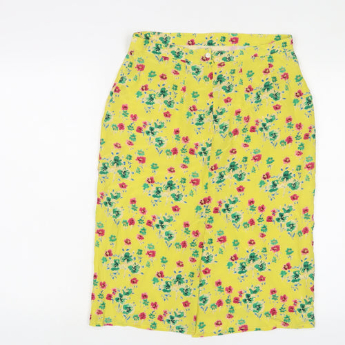 Brora Womens Yellow Floral Silk A-Line Skirt Size 10 Zip