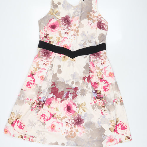 Dorothy Perkins Womens Pink Floral Cotton Fit & Flare Size 16 V-Neck Zip