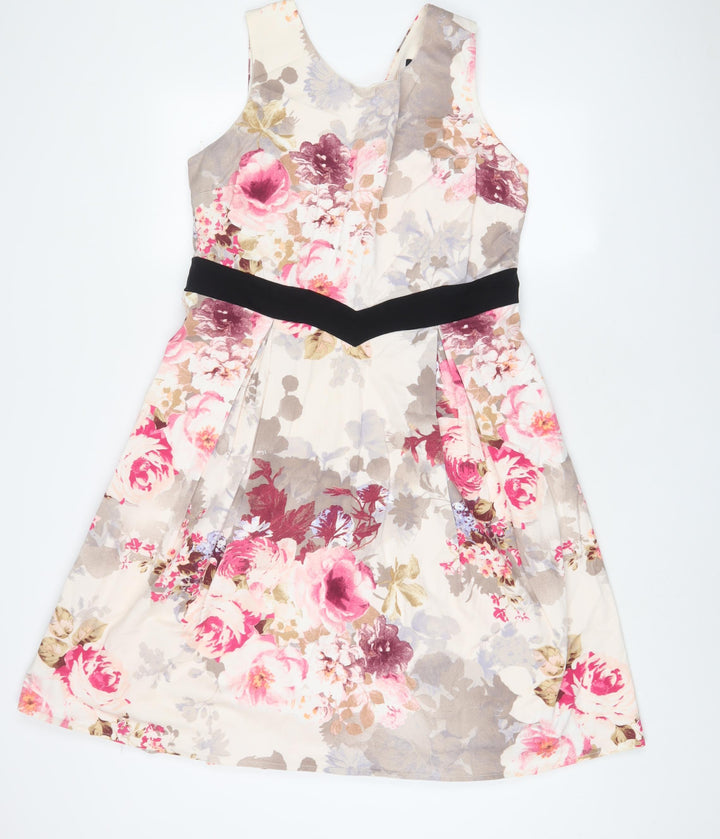 Dorothy Perkins Womens Pink Floral Cotton Fit & Flare Size 16 V-Neck Zip
