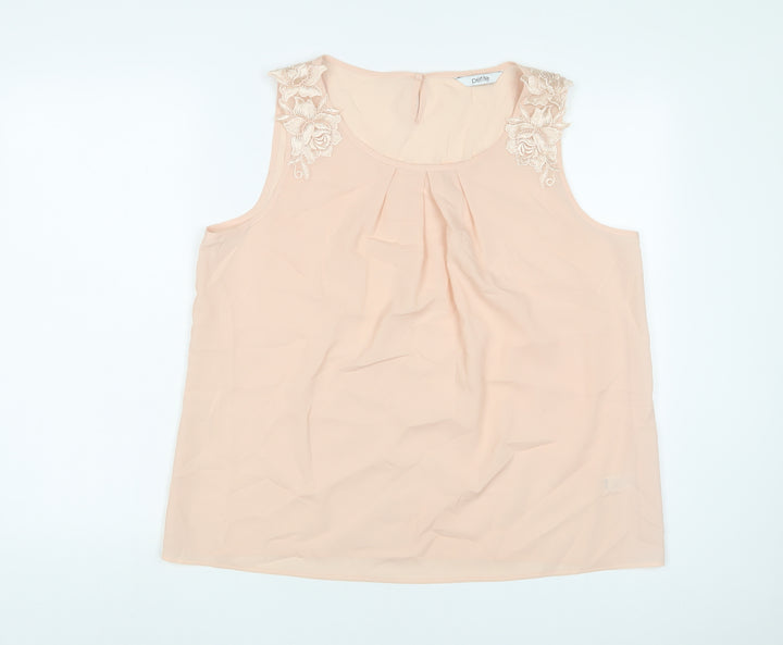BHS Womens Beige Polyester Basic Tank Size 16 Scoop Neck - Embroidered, Pleated