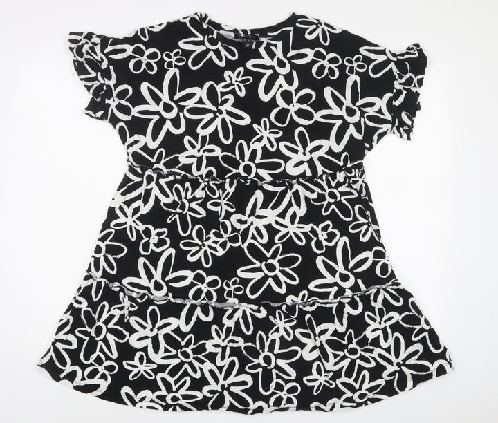 New Look Womens Black Floral Cotton A-Line Size 12 Crew Neck Pullover