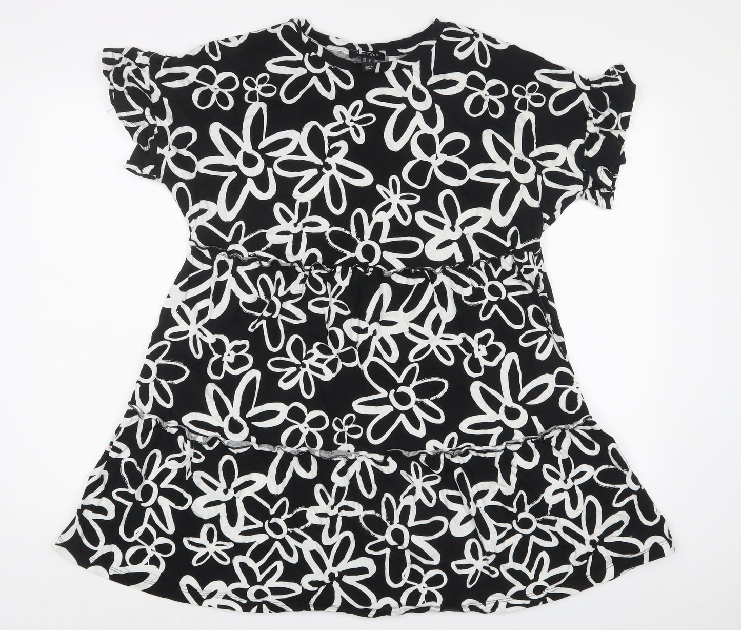 New Look Womens Black Floral Cotton A-Line Size 12 Crew Neck Pullover