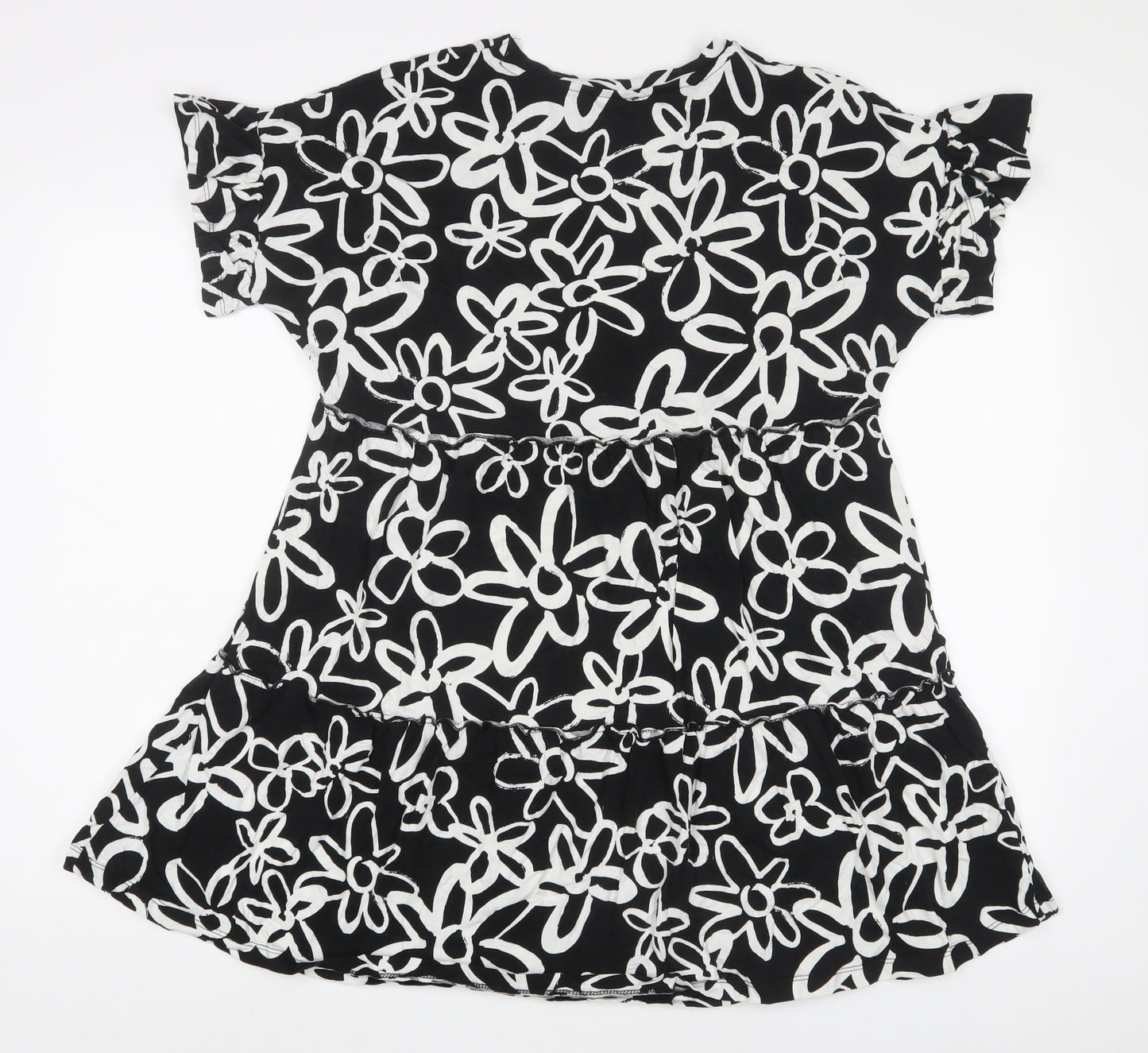 New Look Womens Black Floral Cotton A-Line Size 12 Crew Neck Pullover