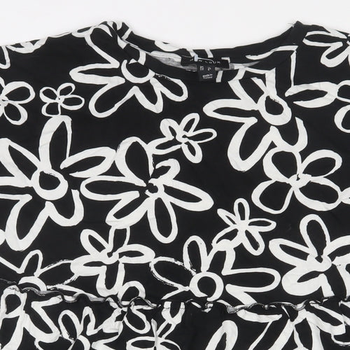 New Look Womens Black Floral Cotton A-Line Size 12 Crew Neck Pullover
