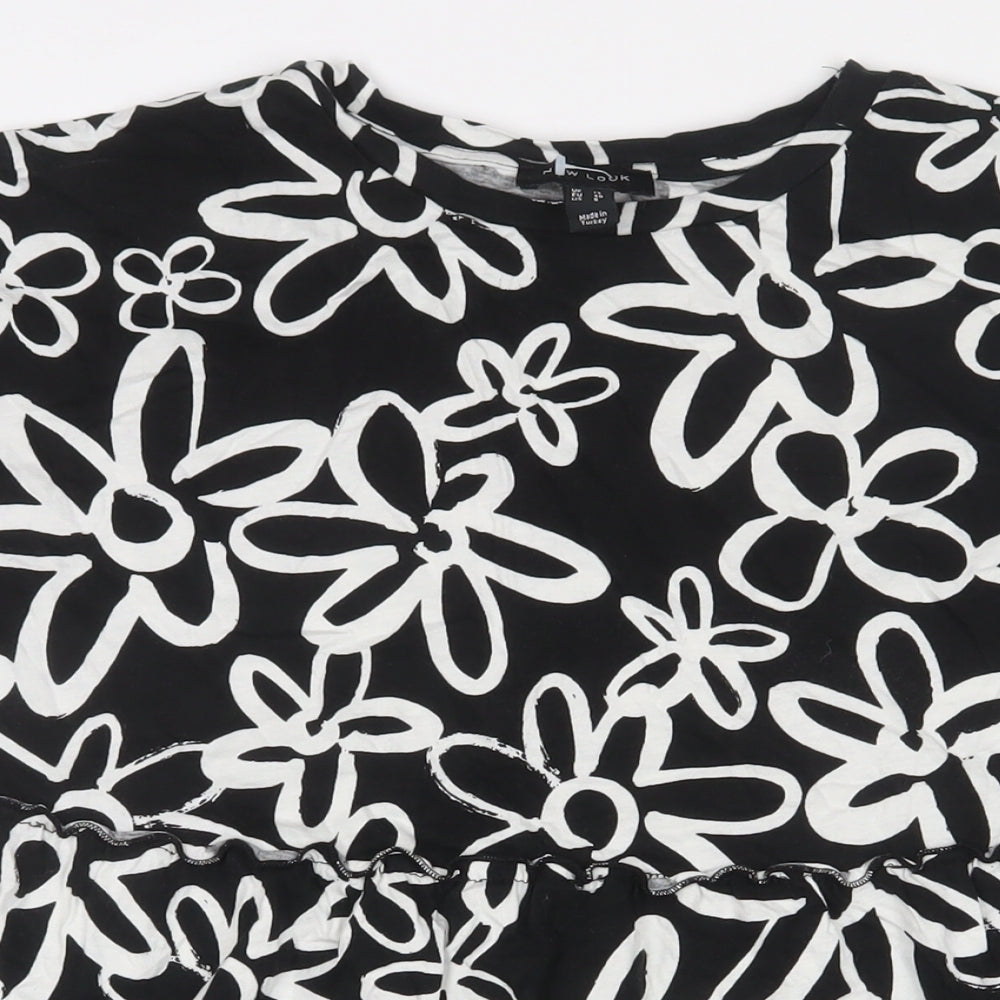 New Look Womens Black Floral Cotton A-Line Size 12 Crew Neck Pullover