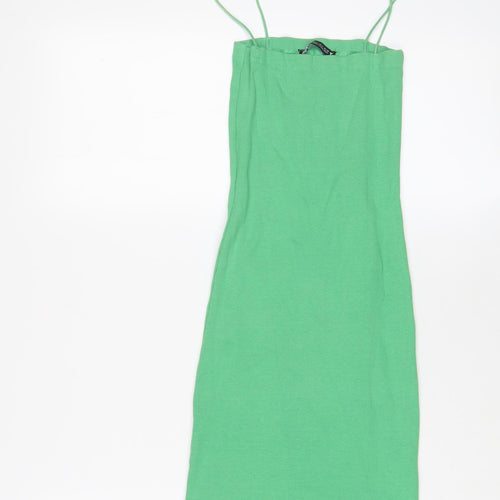 Zara Womens Green Cotton Bodycon Size S Square Neck Pullover