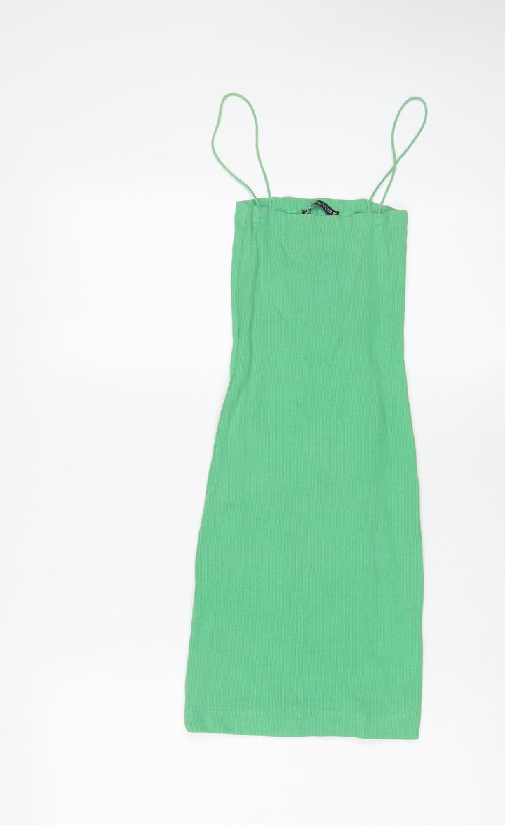 Zara Womens Green Cotton Bodycon Size S Square Neck Pullover