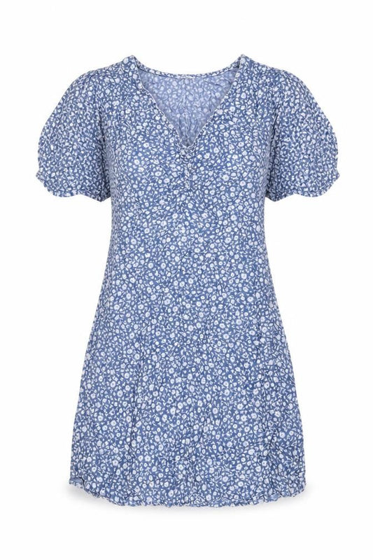 Front view of Next women’s blue floral lyocell a-line, size UK 12, v-neck zip