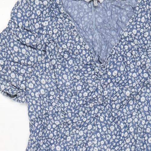 NEXT Womens Blue Floral Lyocell A-Line Size 12 V-Neck Zip