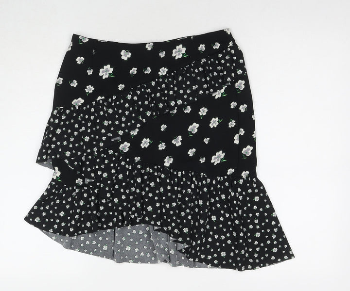 H&M Womens Black Floral Polyester A-Line Skirt Size 12 Zip