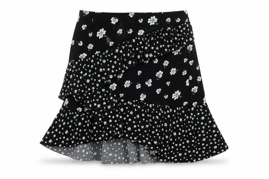 Front view of H&M women’s black floral polyester a-line skirt, size UK 12, zip