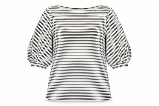 Front view of H&M women’s white striped polyester basic blouse, size L, boat neck