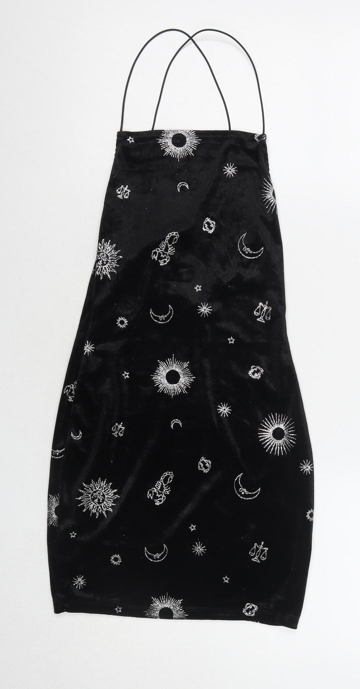 H&M Womens Black Geometric Polyester Bodycon Size XS Square Neck Pullover