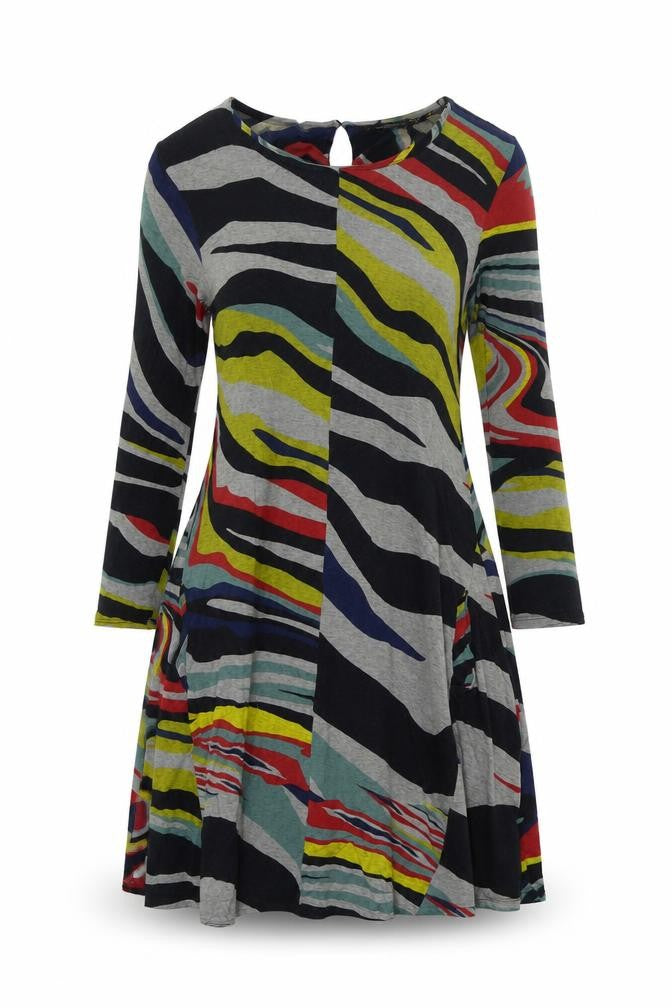 Front view of Desigual women’s multicoloured geometric viscose fit & flare, size S, round neck pullover