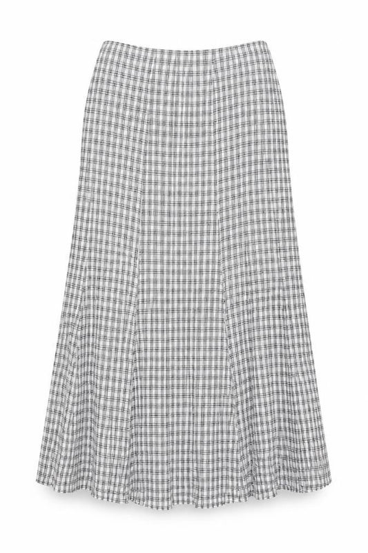 Front view of Adini women’s white check cotton maxi skirt, size UK 36, in zip - label size l1