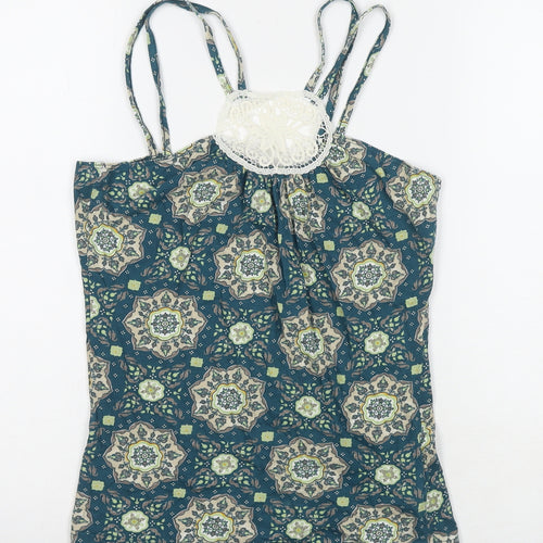 VERO MODA Womens Blue Geometric Cotton Basic Tank Size M Round Neck