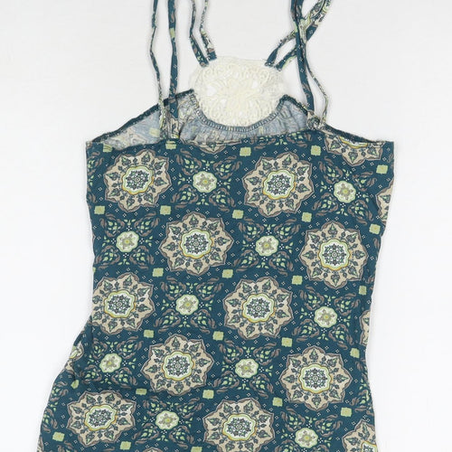 VERO MODA Womens Blue Geometric Cotton Basic Tank Size M Round Neck